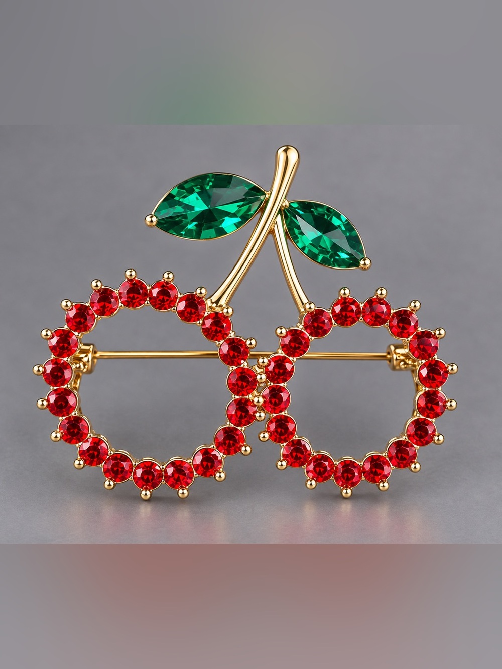 Gold Cherry Crystal Brooch with Red and Green Stones